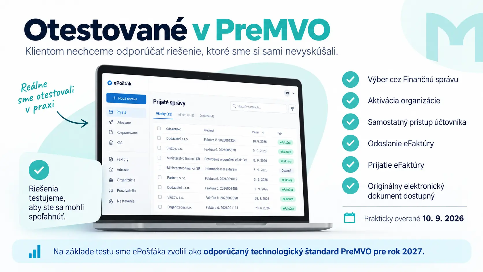 Otestované v PreMVO: výber poštára, aktivácia organizácie, prístup účtovníka a práca s eFaktúrou.